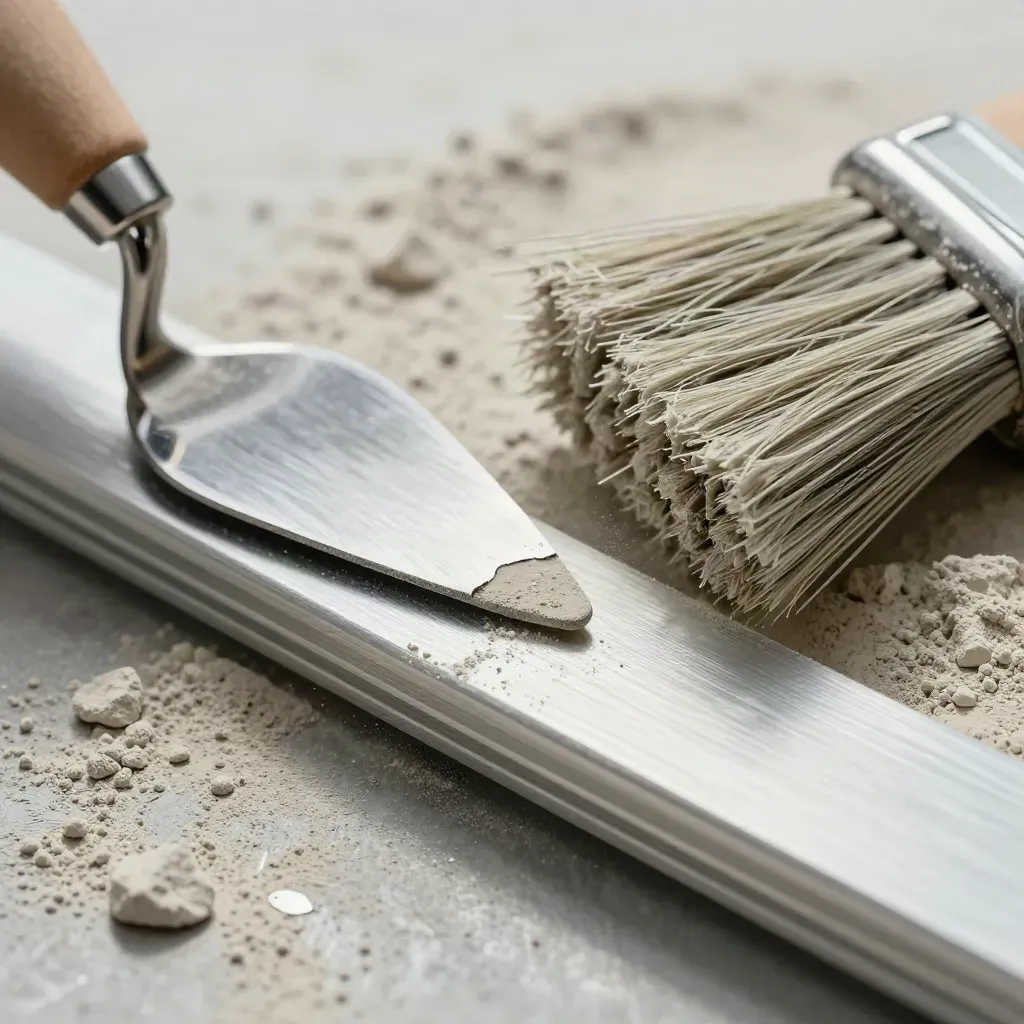 Outils de façade en macro sur métal brossé, avec poussière fine et éclat de lumière.