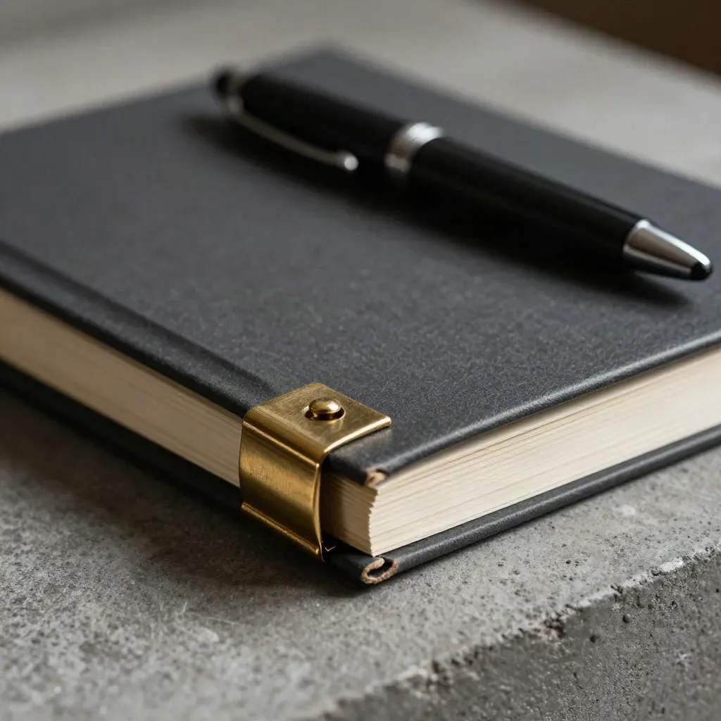 Carnet de devis fermé, stylo capuchonné et clip en laiton sur béton graphite, macro serré.