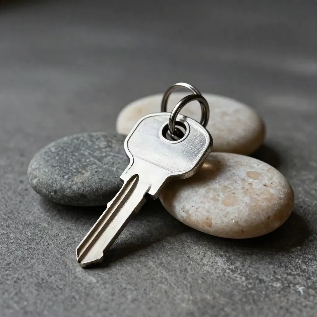 Clé de maison, porte-clés et plaquette métallique sur fond sombre, avec un galet neutre.