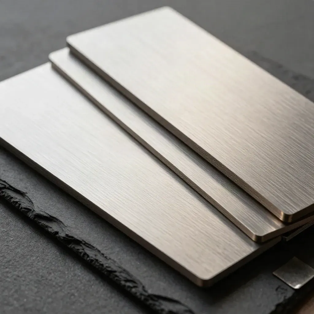 Deux plaquettes finition satinée et mate, séparées par trois entretoises acier sur fond graphite.