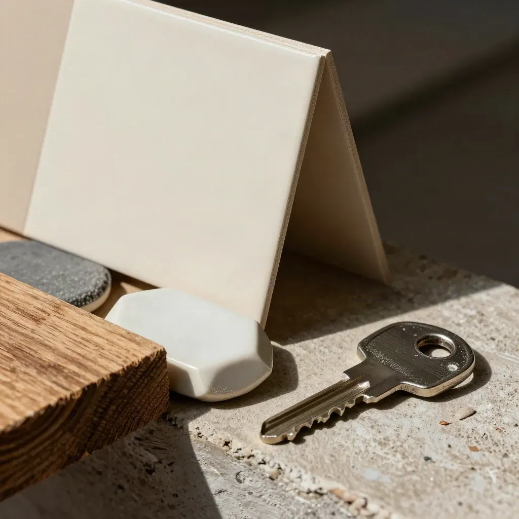 Gros plan d’échantillons de peinture, carrelage, clé de maison et joint de porte sur bois flou.