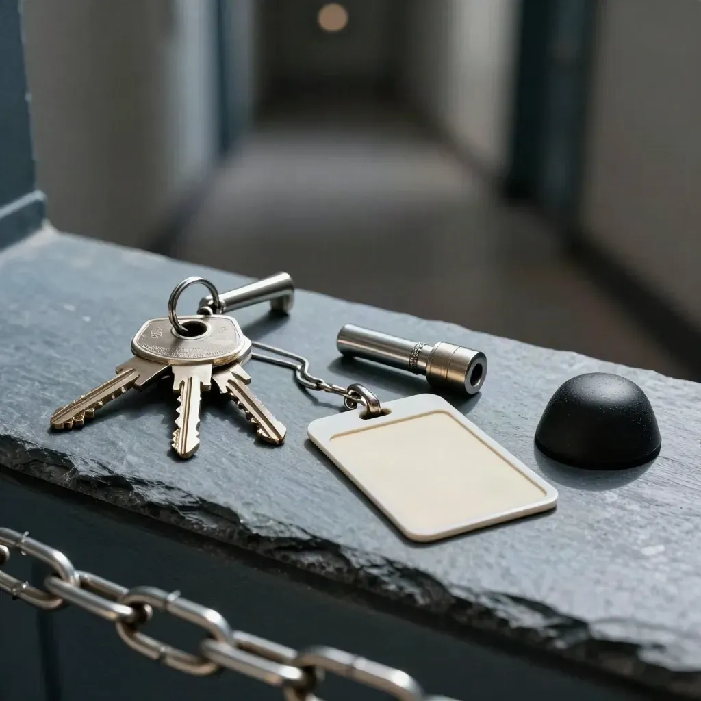 Clés d’appartement, cylindre, badge vierge et butée de porte sur une dalle sombre.