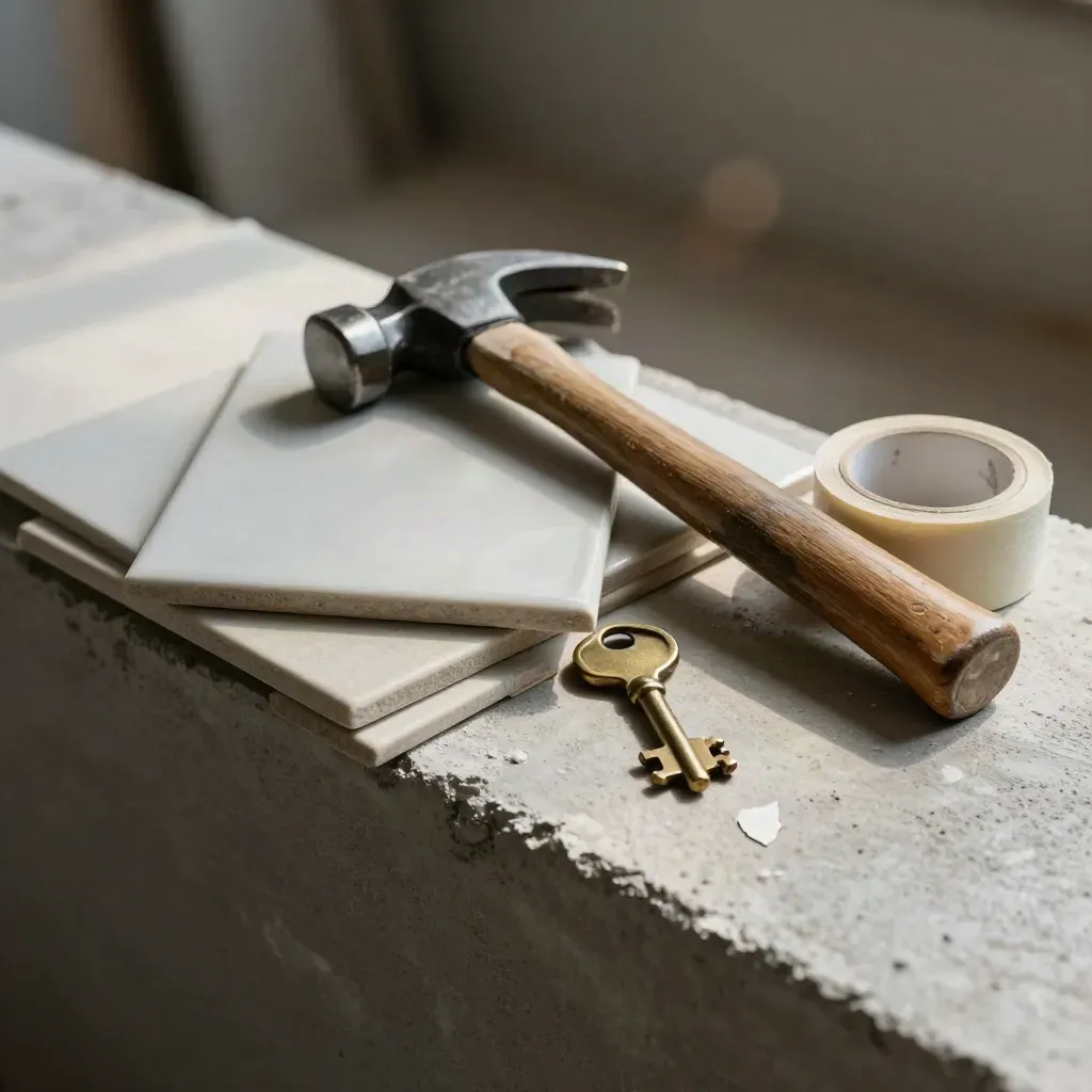 Échantillons de carrelage, marteau et clé de maison sur béton brut, fond sombre flou.