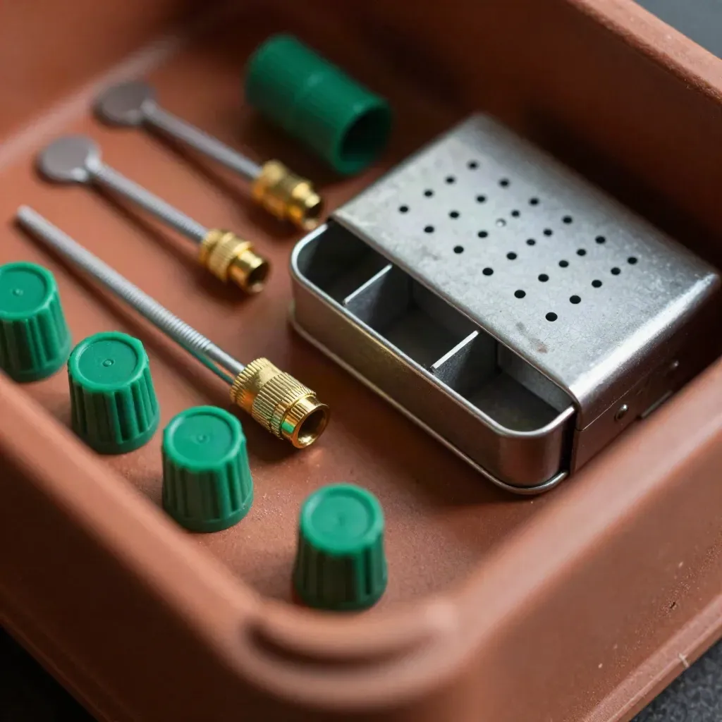 Petites pièces de suivi dans une caisse métallique en vue du dessus, lumière rasante.