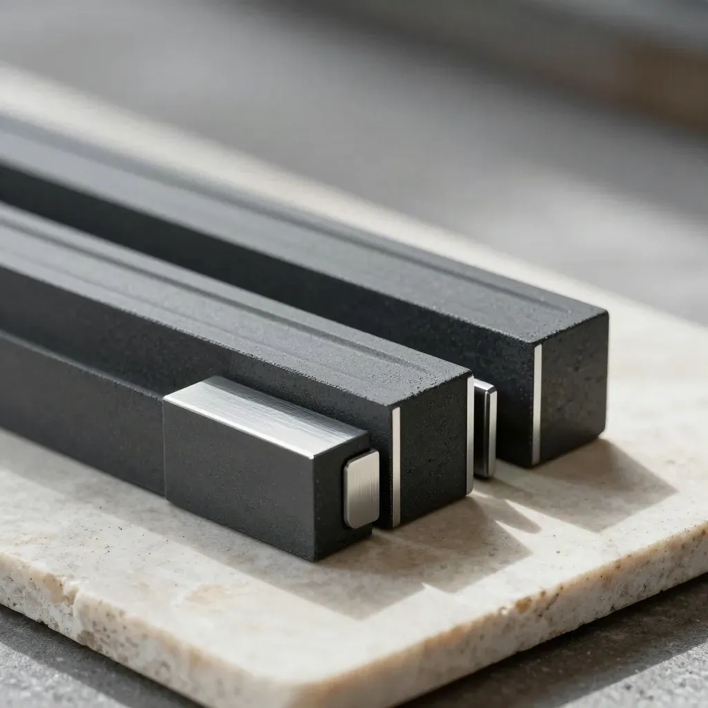 Blocs modulaires graphite empilés sur pierre pâle, lumière dure et ombres profondes.