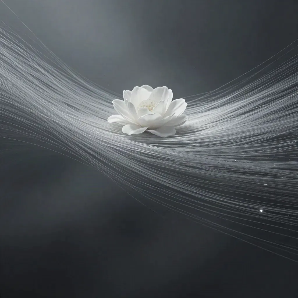 Filaments argentés dans un espace graphite, convergeant vers une lueur blanche hors centre.