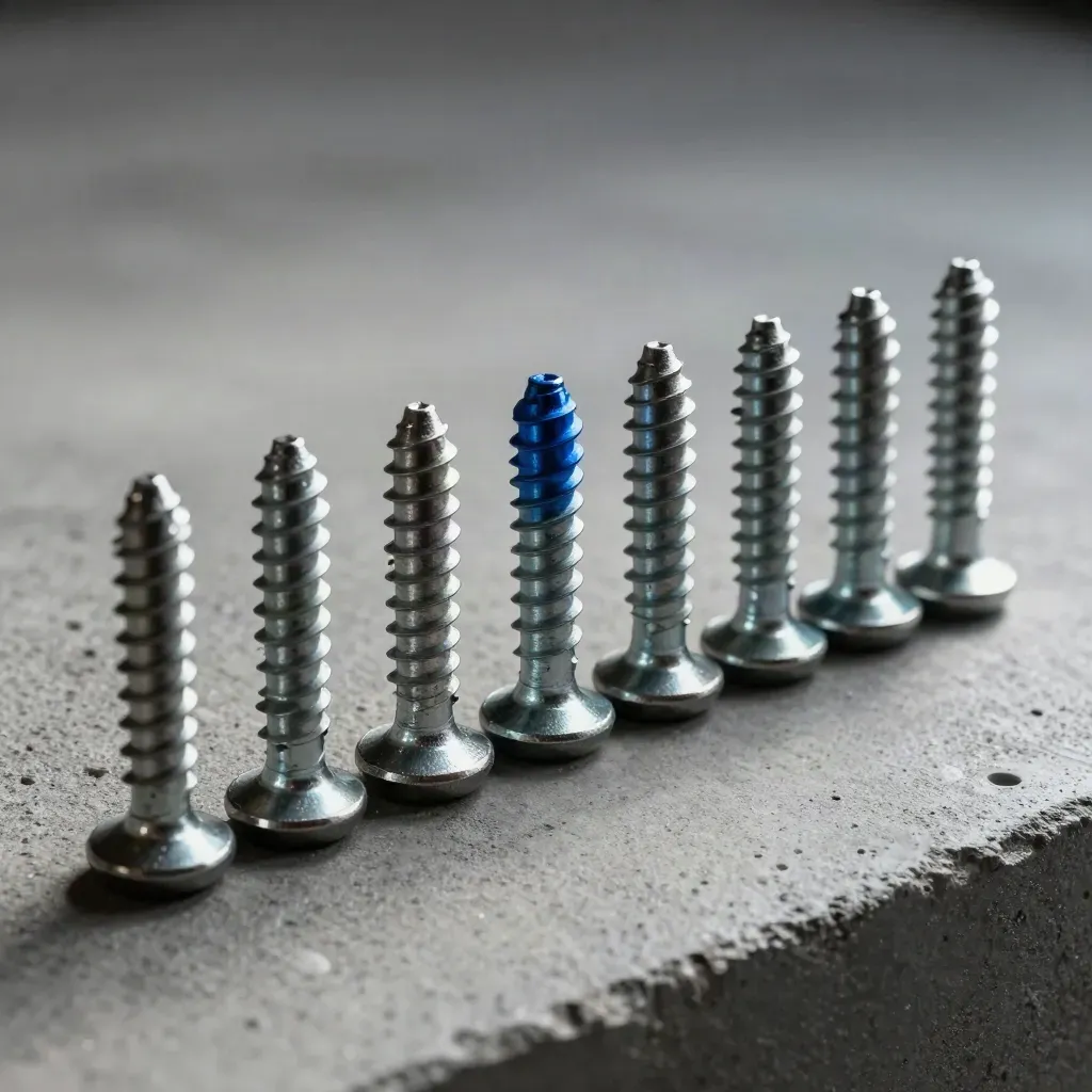 Vis, entretoises et pions en acier alignés sur béton gris, avec un accent bleu discret.