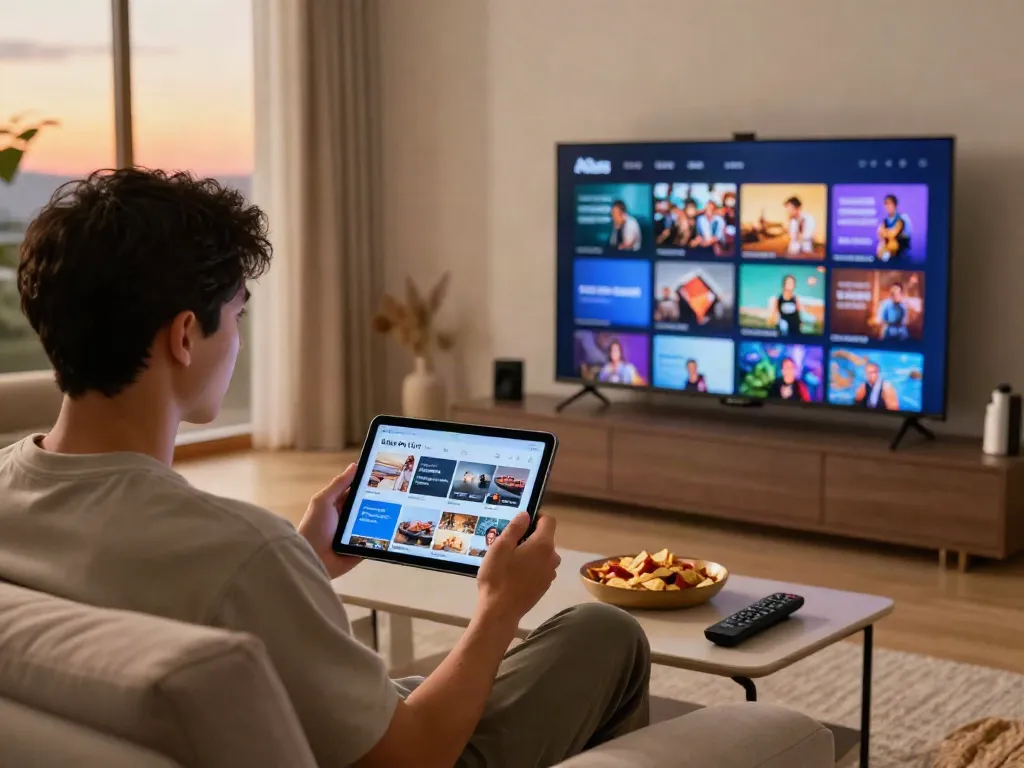 Utilisation de l'application atlas pro ontv sur une tablette dans un salon moderne avec une ambiance chaleureuse